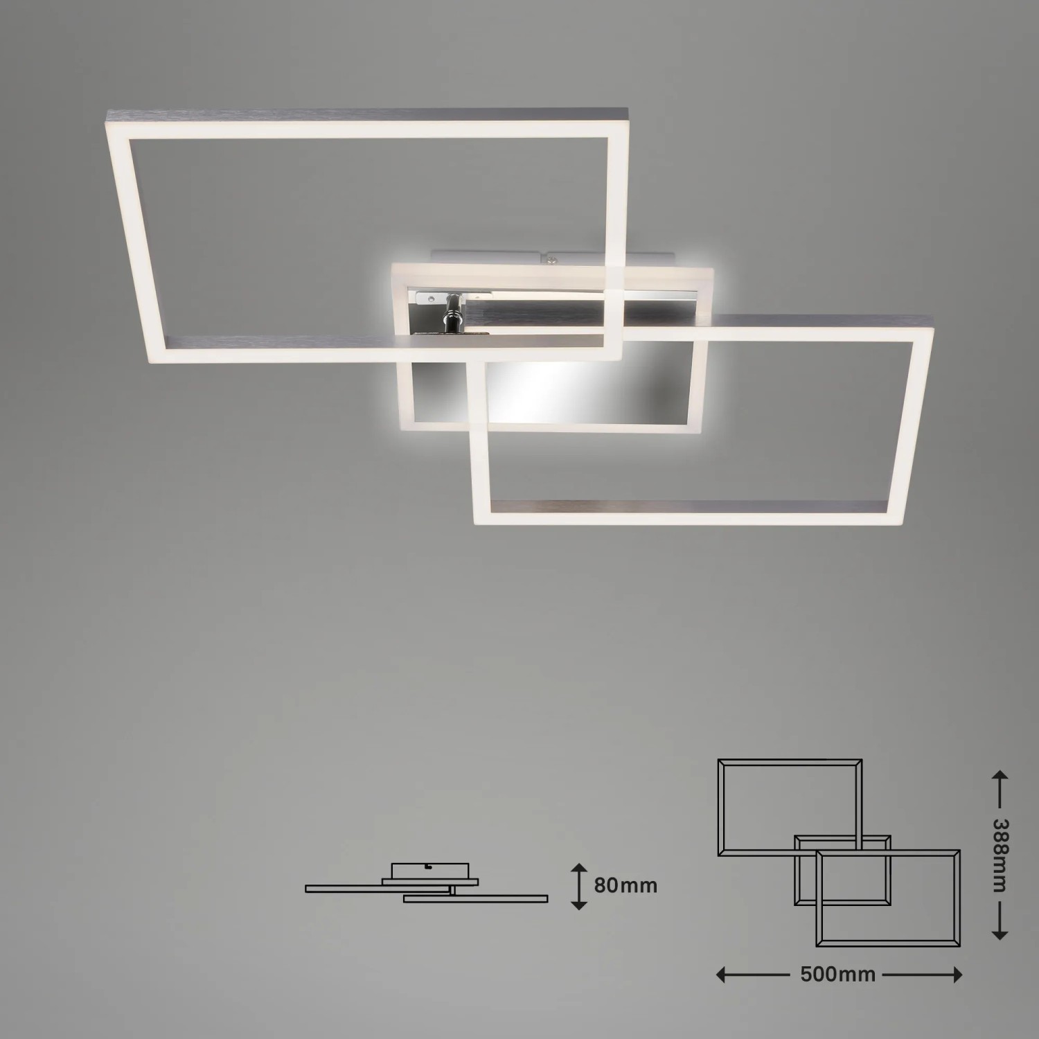 Dimmbare Brilo LED-Deckenleuchte Frame in Silber mit Backlight und Fernbedienung.