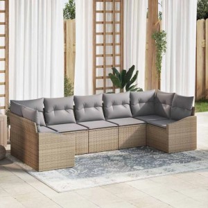 Beige vidaXL Garten Essgruppe mit Kissen, 7-teilig, aus Polyrattan und Stahl.