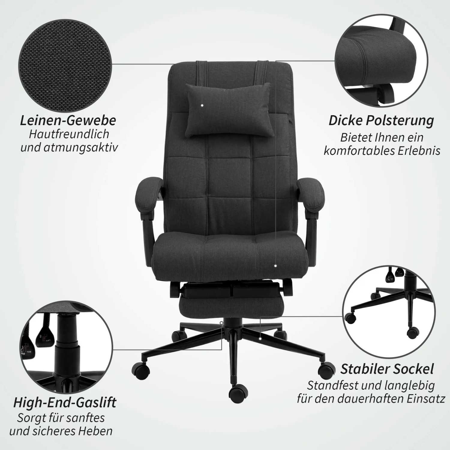 Ergonomischer Vinsetto Bürostuhl mit Fußstütze, Leinenoptik, Schwarz.
