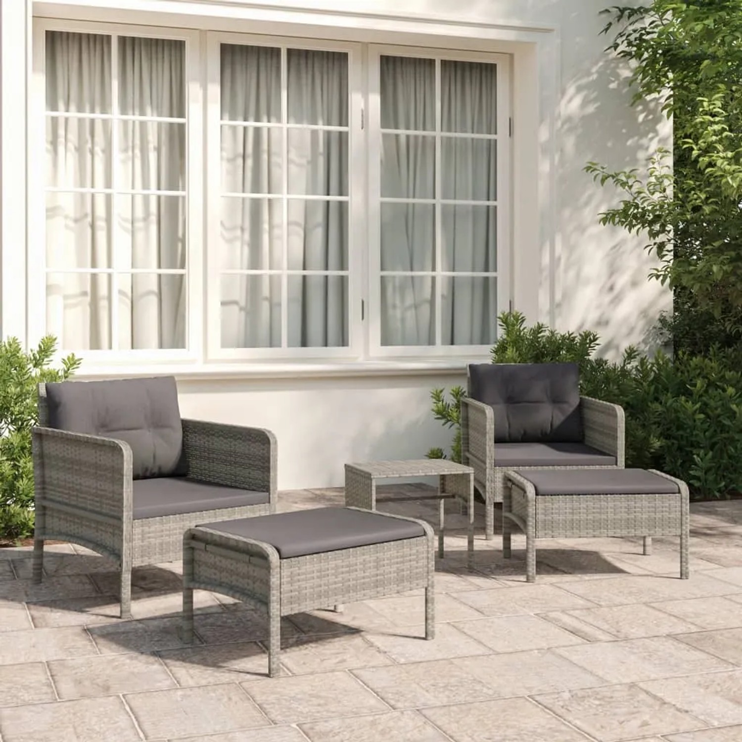 Graues 5-tlg. Garten Lounge Set aus Rattan mit Kissen. Gartenmöbel für Terrasse und Garten.