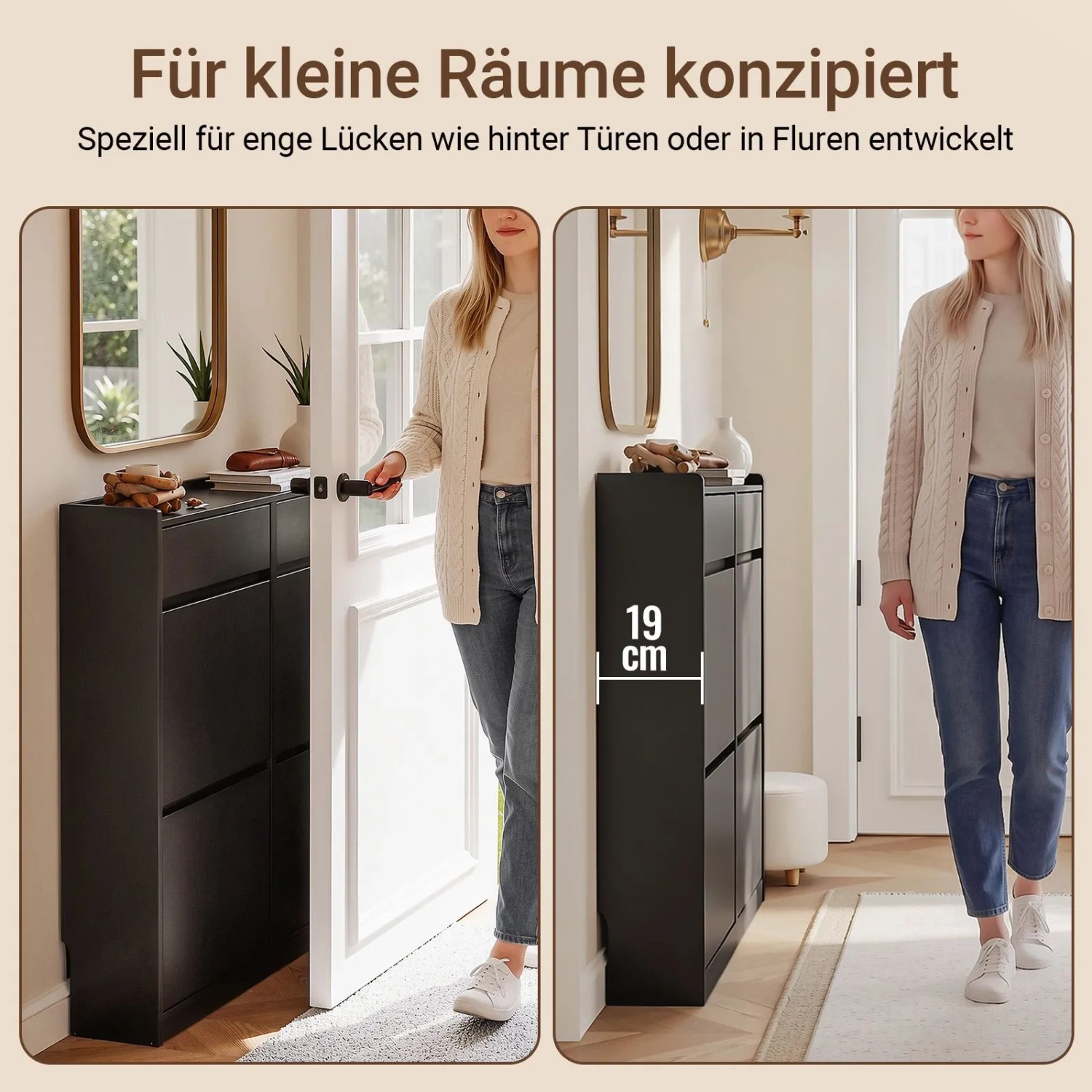Schwarzer SoBuy Schuhschrank, 19 cm tief, mit 4 Klappen und 2 Schubladen im Flur. Perfekt für schmale Gänge.