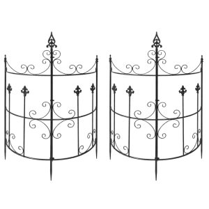 Zwei anthrazitfarbene Metall-Rankgitter im verschnörkelten Design für Kletterpflanzen. Ideal als Rankhilfe & Gartendekoration.