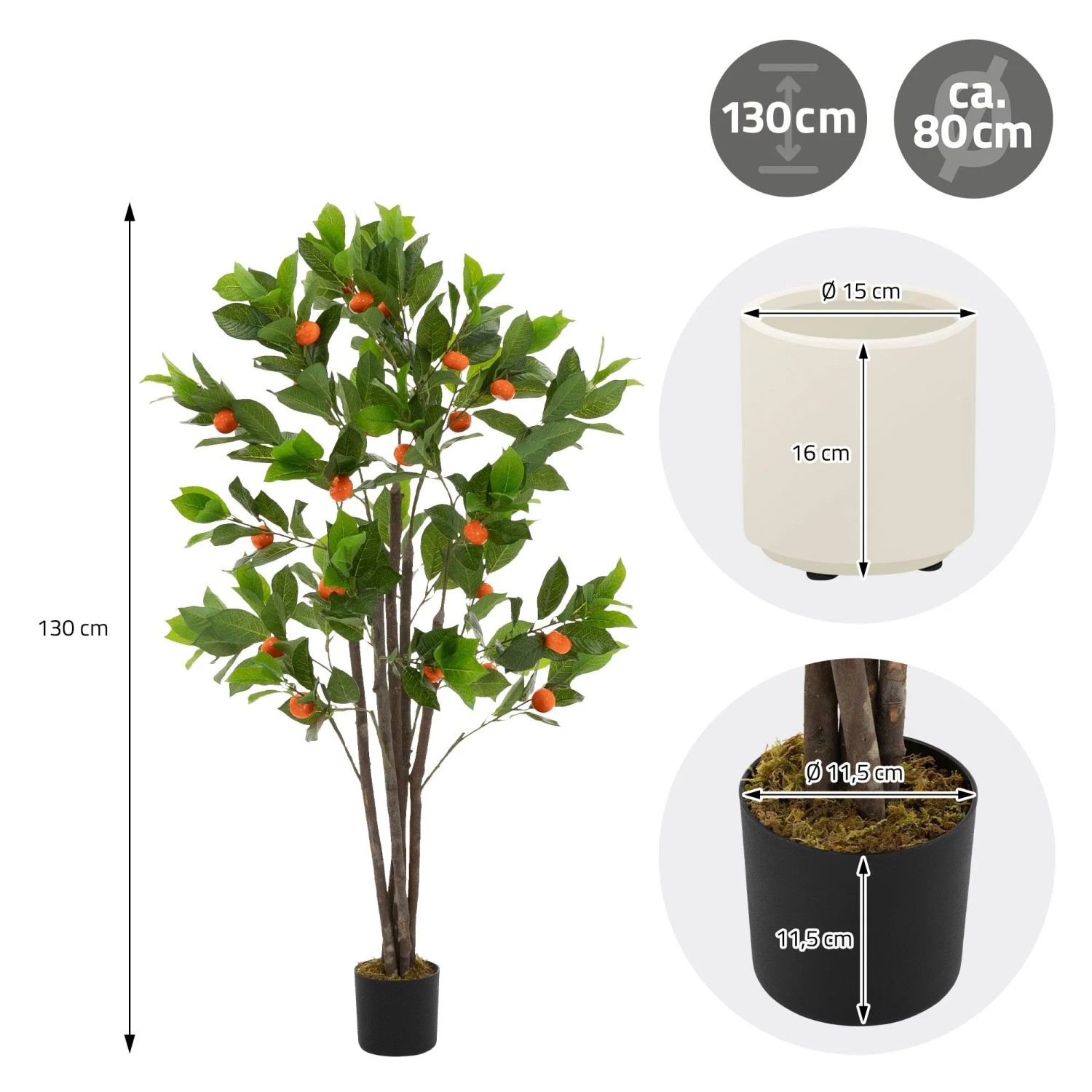 ML-Design Kunstpflanze Orangenbaum, 130 cm, grüne Blätter, orange Früchte, schwarzer Topf. Naturgetreue Dekoration.