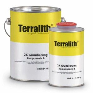 Terralith 2K Grundierung 1,5 kg: zwei gelb-weiße Dosen Haftgrund für Boden und Wand.