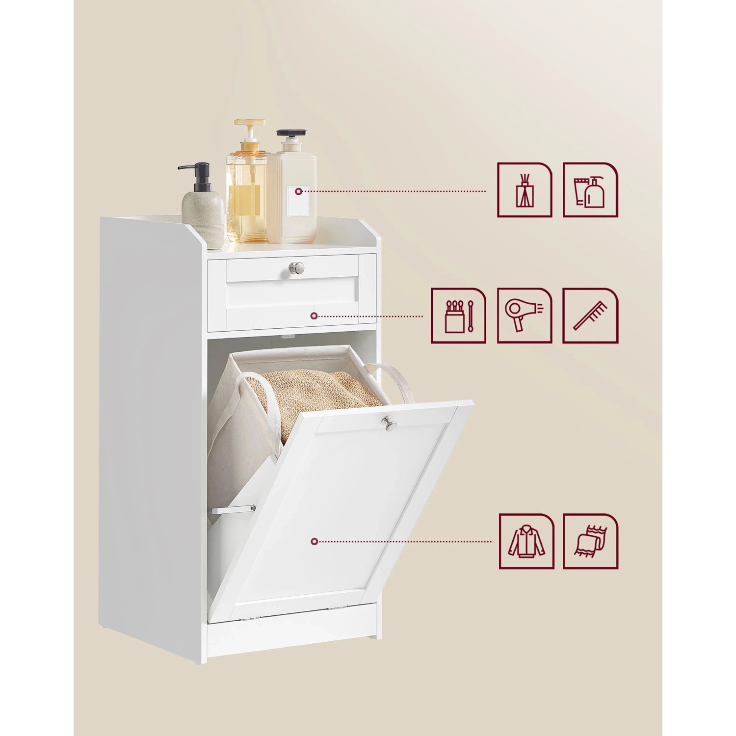 Weißer Songmics Badezimmerschrank mit Wäschesammler und Schublade.