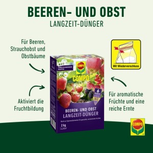 Compo Beeren Langzeit-Dünger 2 kg Packung. Für Beeren, Strauchobst, Obstbäume. Fördert Fruchtbildung, reiche Ernte.