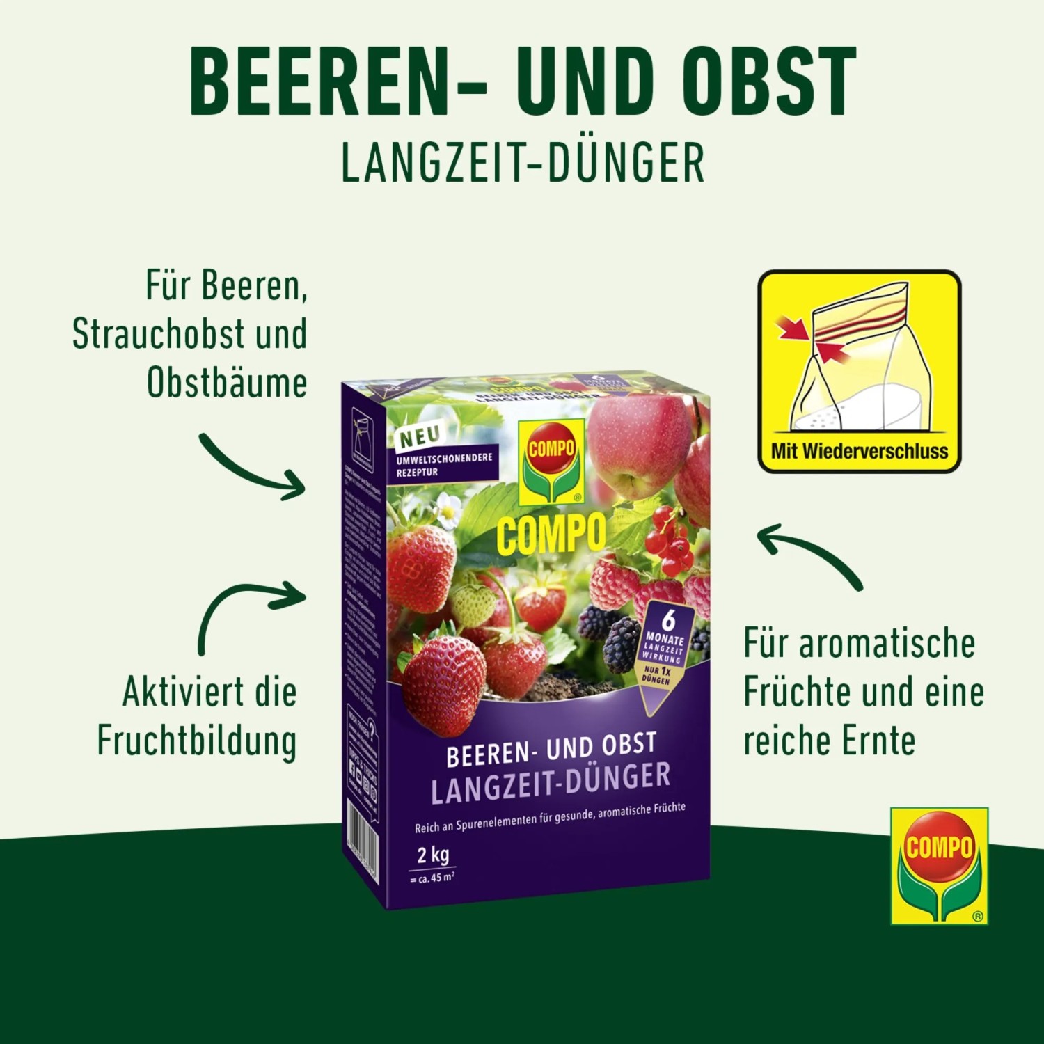 Compo Beeren Langzeit-Dünger 2 kg Packung. Für Beeren, Strauchobst, Obstbäume. Fördert Fruchtbildung, reiche Ernte.