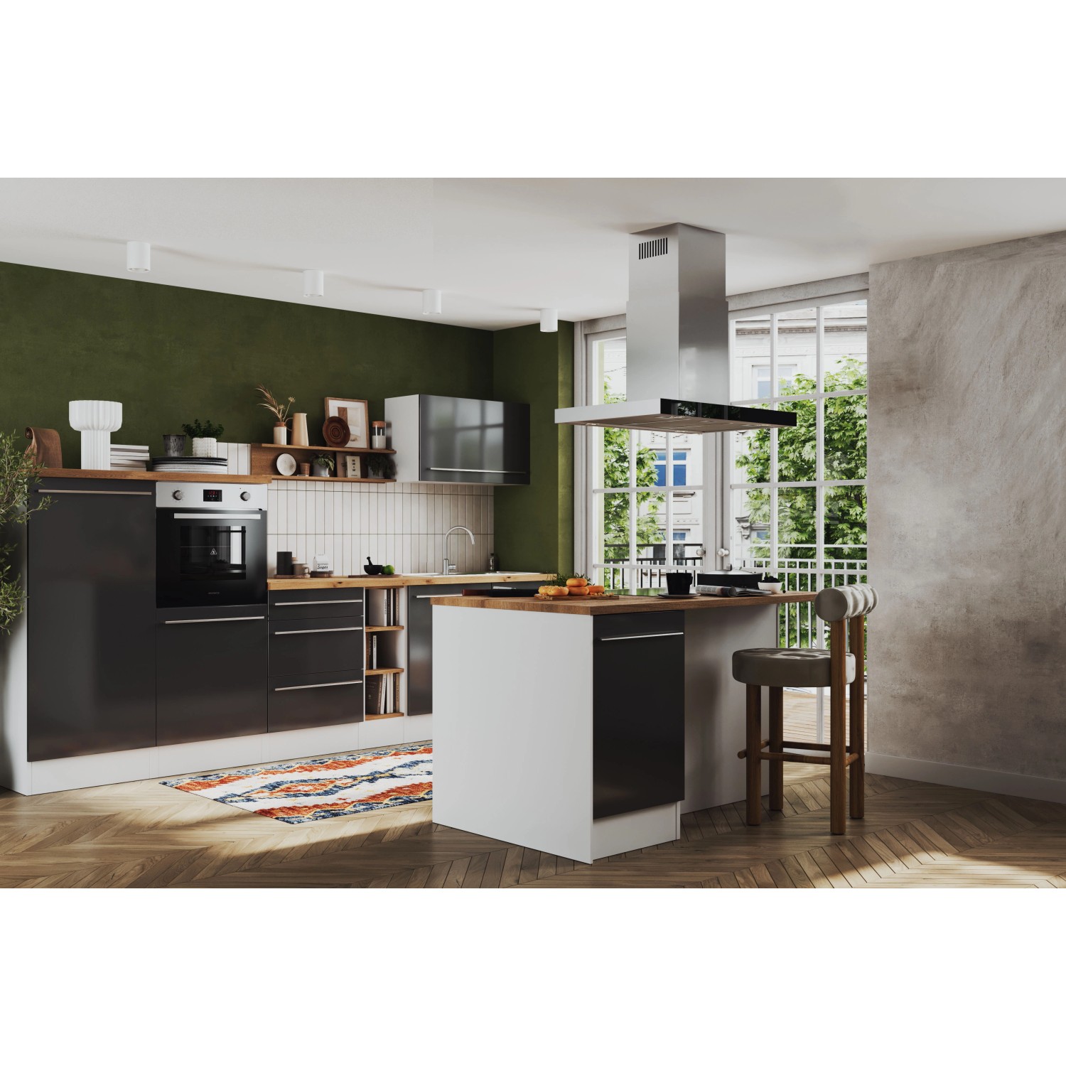 Respekta Inselküche Gabriel 320 cm Grau Hochglanz mit E-Geräten und Kochinsel.