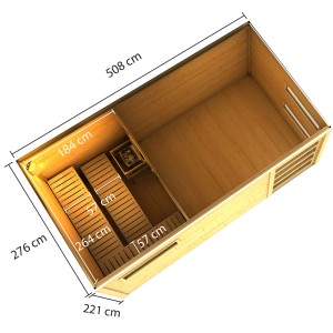 Karibu Saunahaus Kjeld: 3D-Ansicht des naturbelassenen Holzhauses mit Bänken und Ofen.