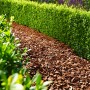 Floragard Pinienrinde (15-25 mm) als Bodenbelag und Beetabdeckung neben einer grünen Hecke.