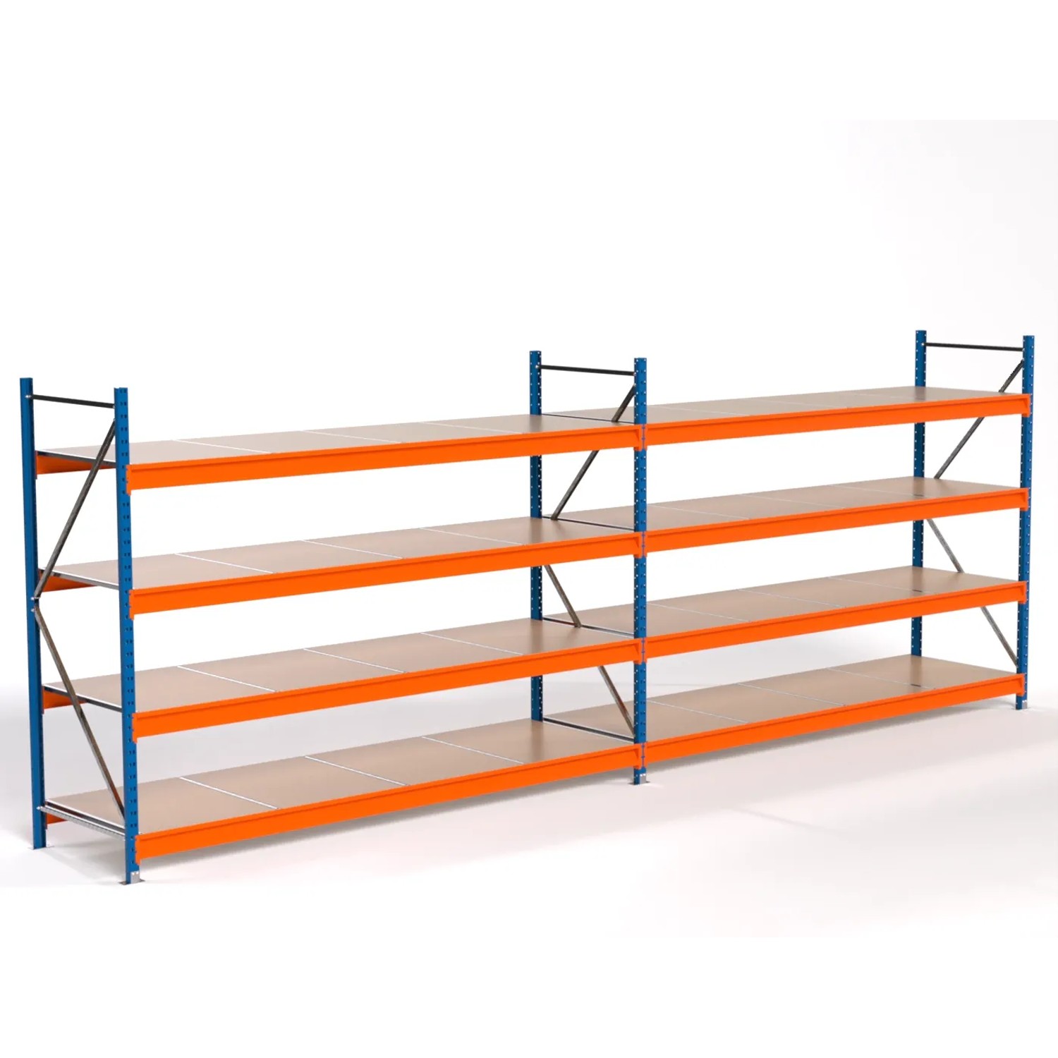 PROREGAL Industrie Weitspannregal Lagerregal MAXIMUS PRO Komplettregal 2 Felder HxBxT 200x550x80cm 4 Spanplatten-Fachboden Fachlast 450kg Blau/Orange
