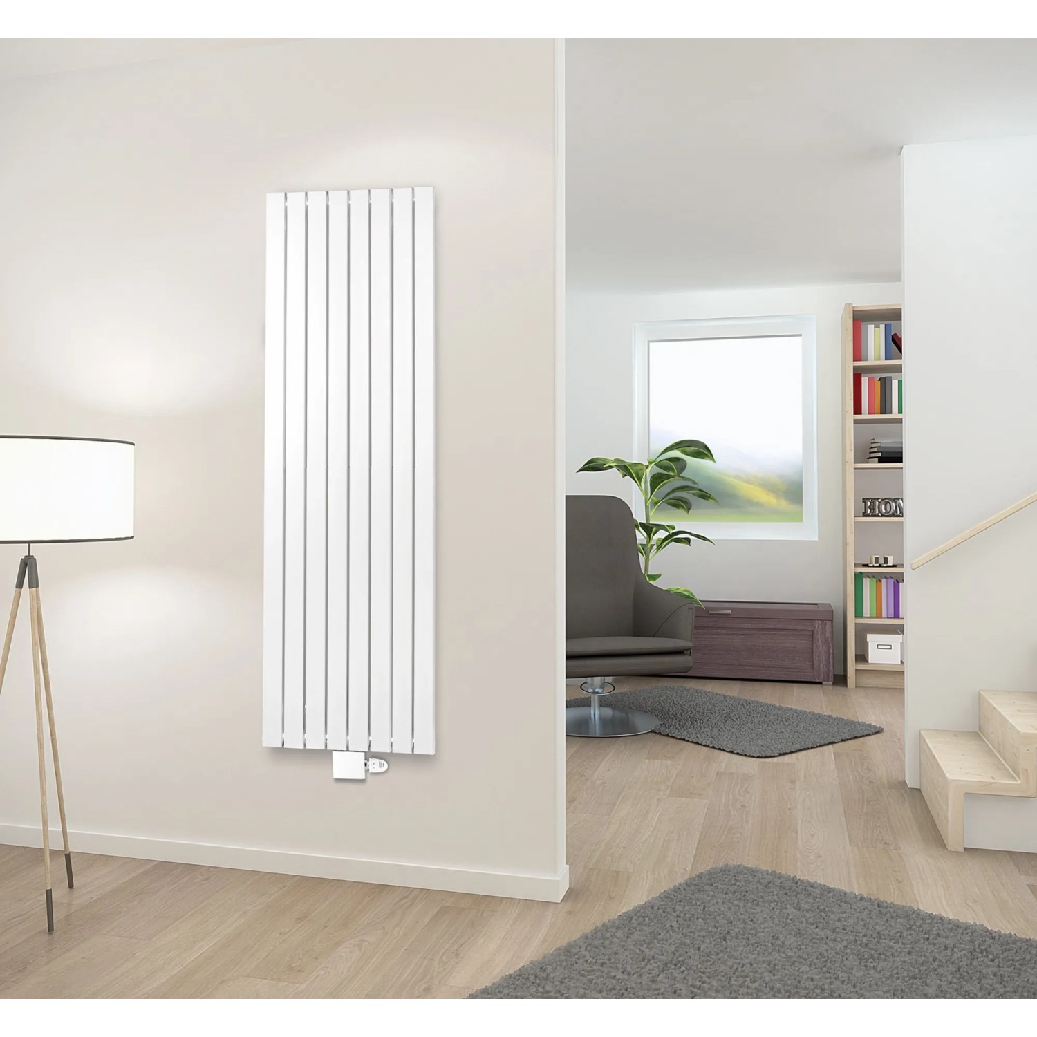Schulter Design-Heizkörper Aachen, alpinweißer Heizkörper mit Mittelanschluss im Wohnraum.