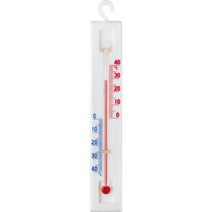 Weißes Kühlschrankthermometer mit roter Flüssigkeit und Temperaturskala zum Aufhängen.
