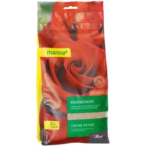 Manna Rosendünger 2 kg im Sack mit Rosenmotiv. Dünger für kräftige Rosen.