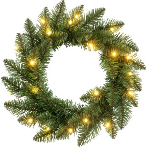 Grüner PVC-Kunstkranz 45 cm mit warmweißer LED-Beleuchtung. Ideal für festliche Dekoration.
