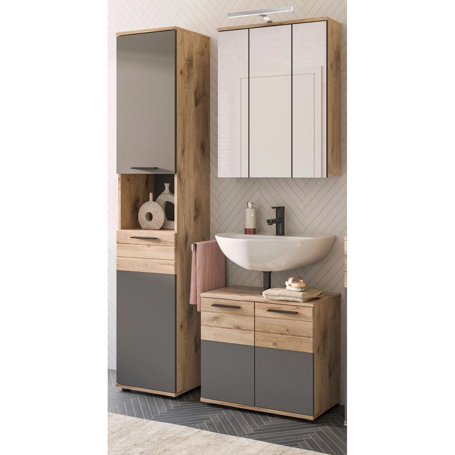 Inn.Furn Badmöbel-Set Eiche Grau 3-teilig 112 cm mit Soft-Close Tomaso günstig online kaufen