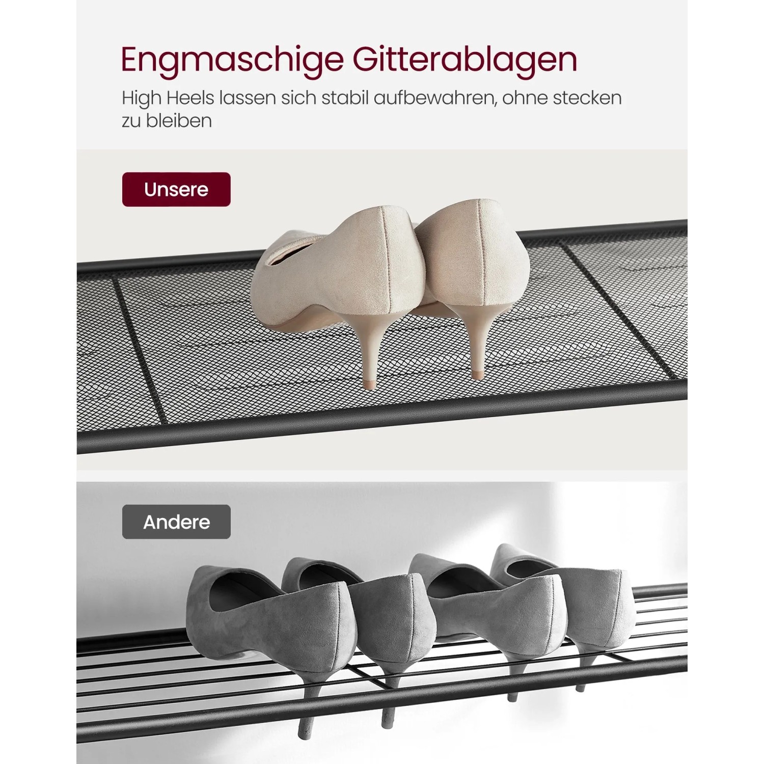 Detailaufnahme: Vasagle Schuhablage mit Gitterböden für High Heels, braun-schwarz.