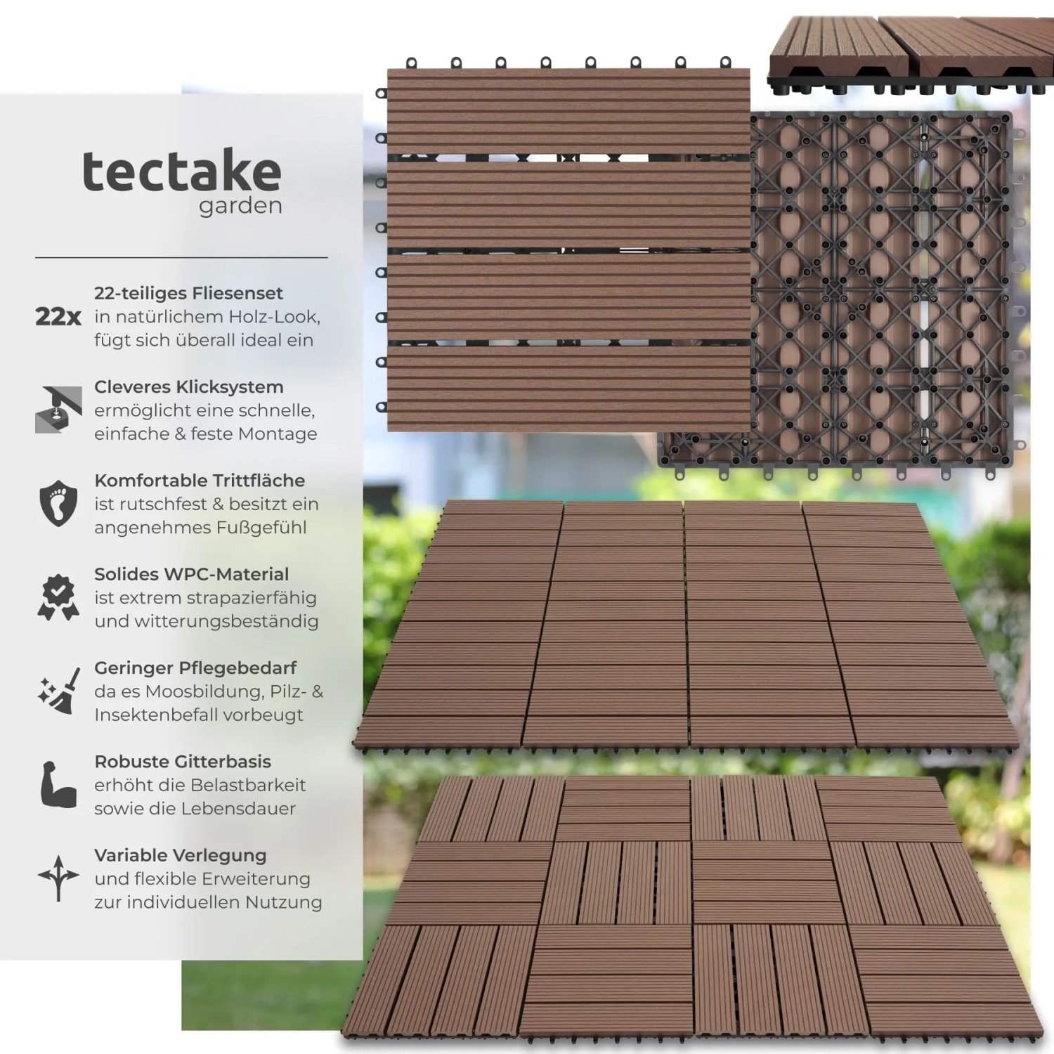 Tectake Terrassenfliesen Tegulas 22Er Set Im Klicksystem Robustes Wpc In Holzoptik 22Er Set 31 x 31 x 2 20 cm Braun_2