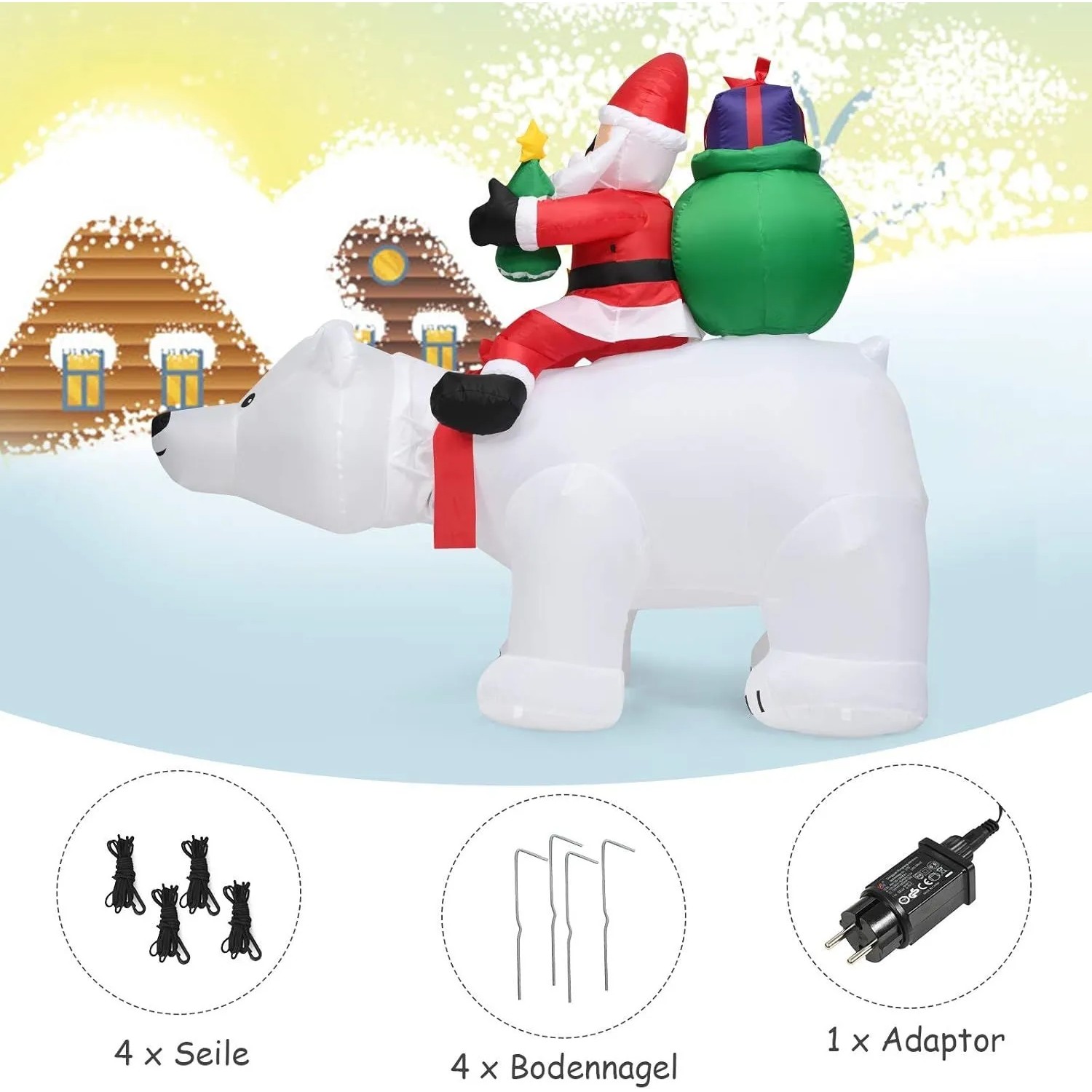 Aufblasbarer Weihnachtsmann reitet auf Eisbär mit Geschenken, beleuchtet, als Außen-Weihnachtsdeko.