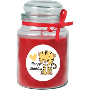 HS Candle Duftkerze im Glas mit Tiger-Motiv und "Happy Birthday" Schriftzug, rote Schleife.