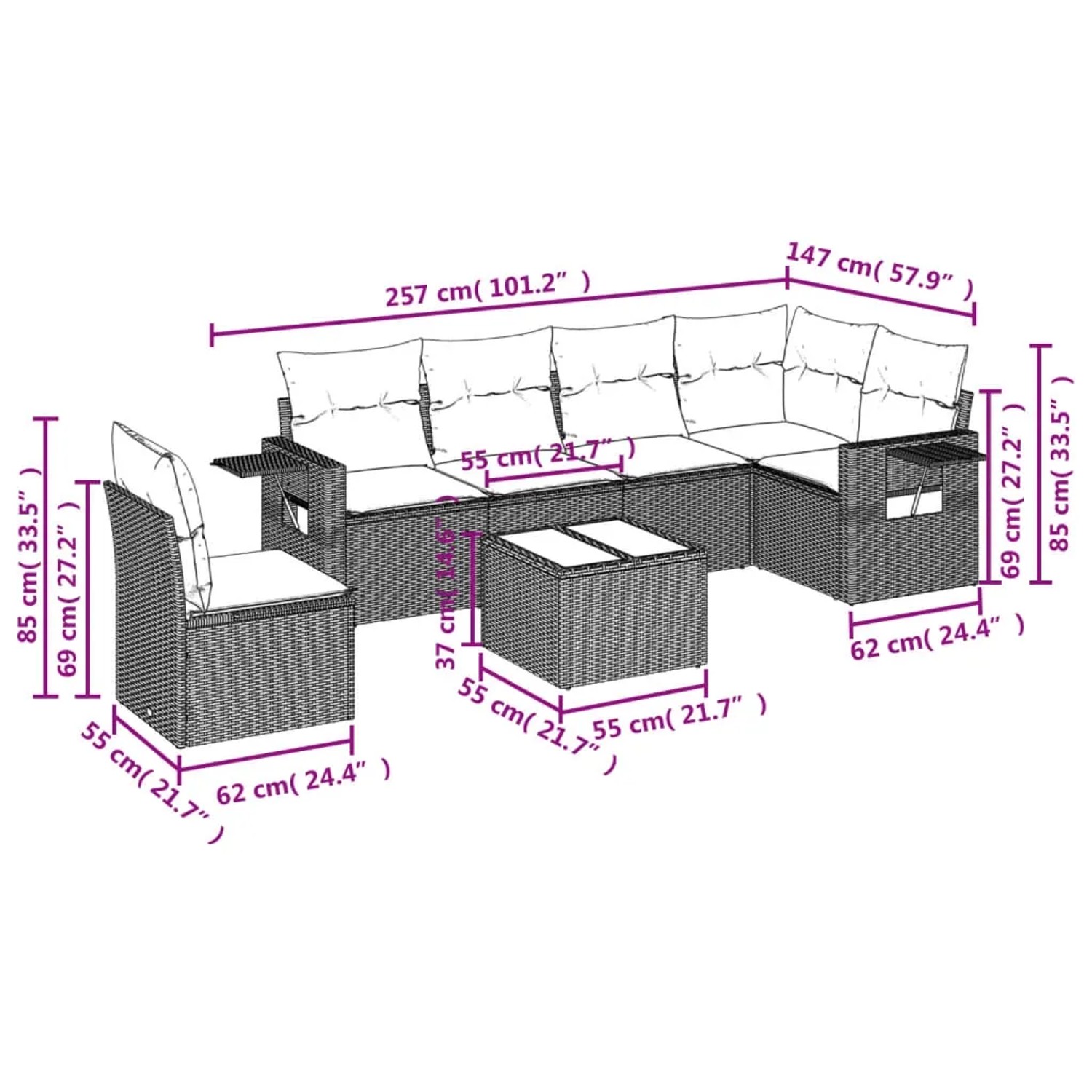 Schwarze 7-tlg. vidaXL Garten-Sofagarnitur aus Polyrattan mit Kissen und Tisch. Gartenmöbel für Terrasse und Garten.