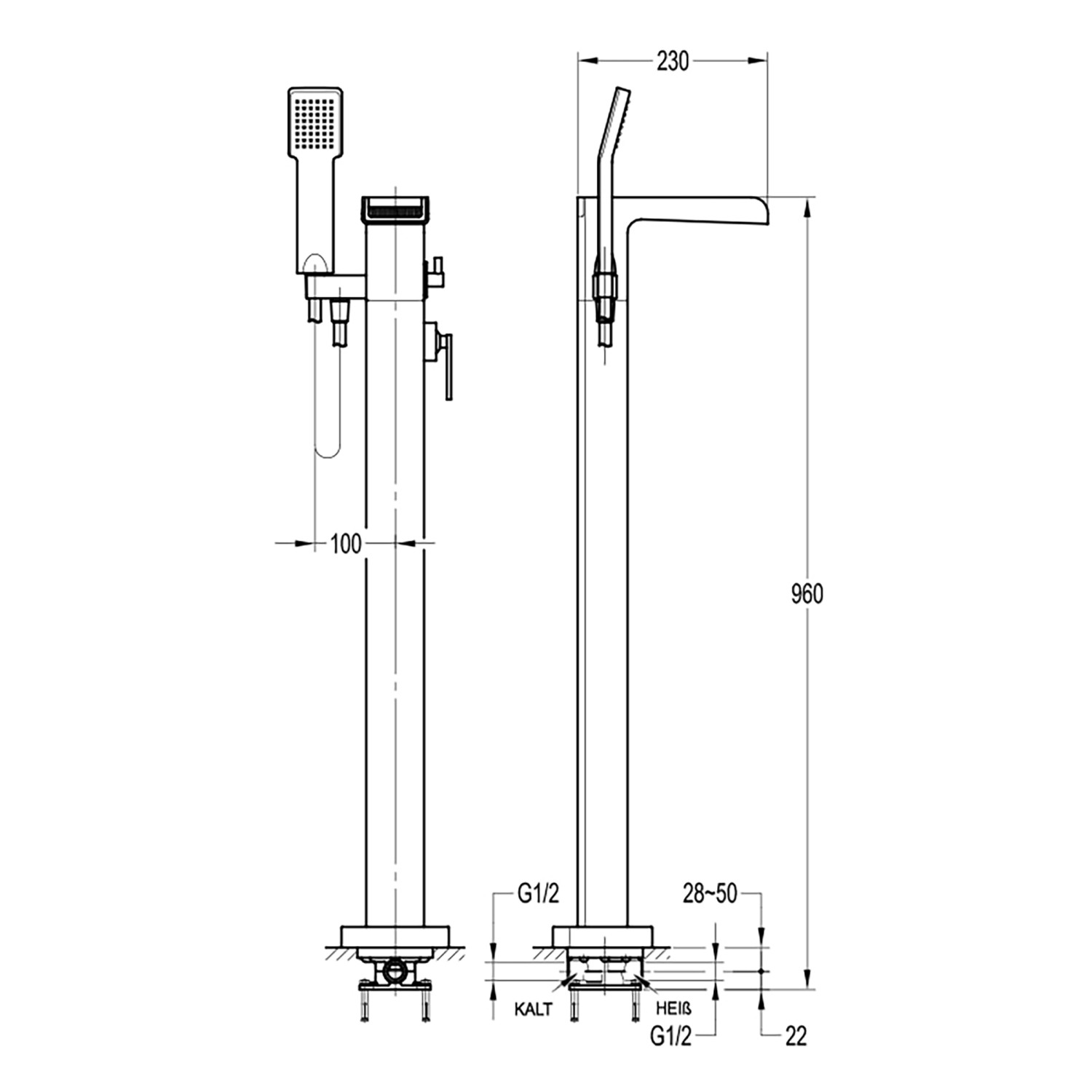 Technische Zeichnung: Freistehende Wannenarmatur NIAGARA mit Handbrause und Maßen.