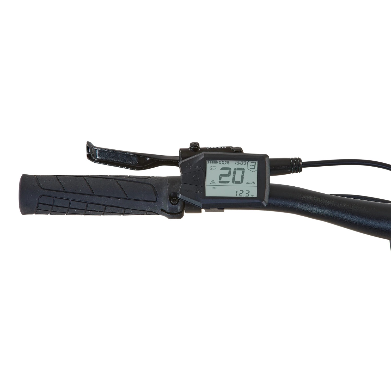 Detailaufnahme des Lenkers vom Prophete E-Bike MTB Dice 3.0 mit LCD-Display.