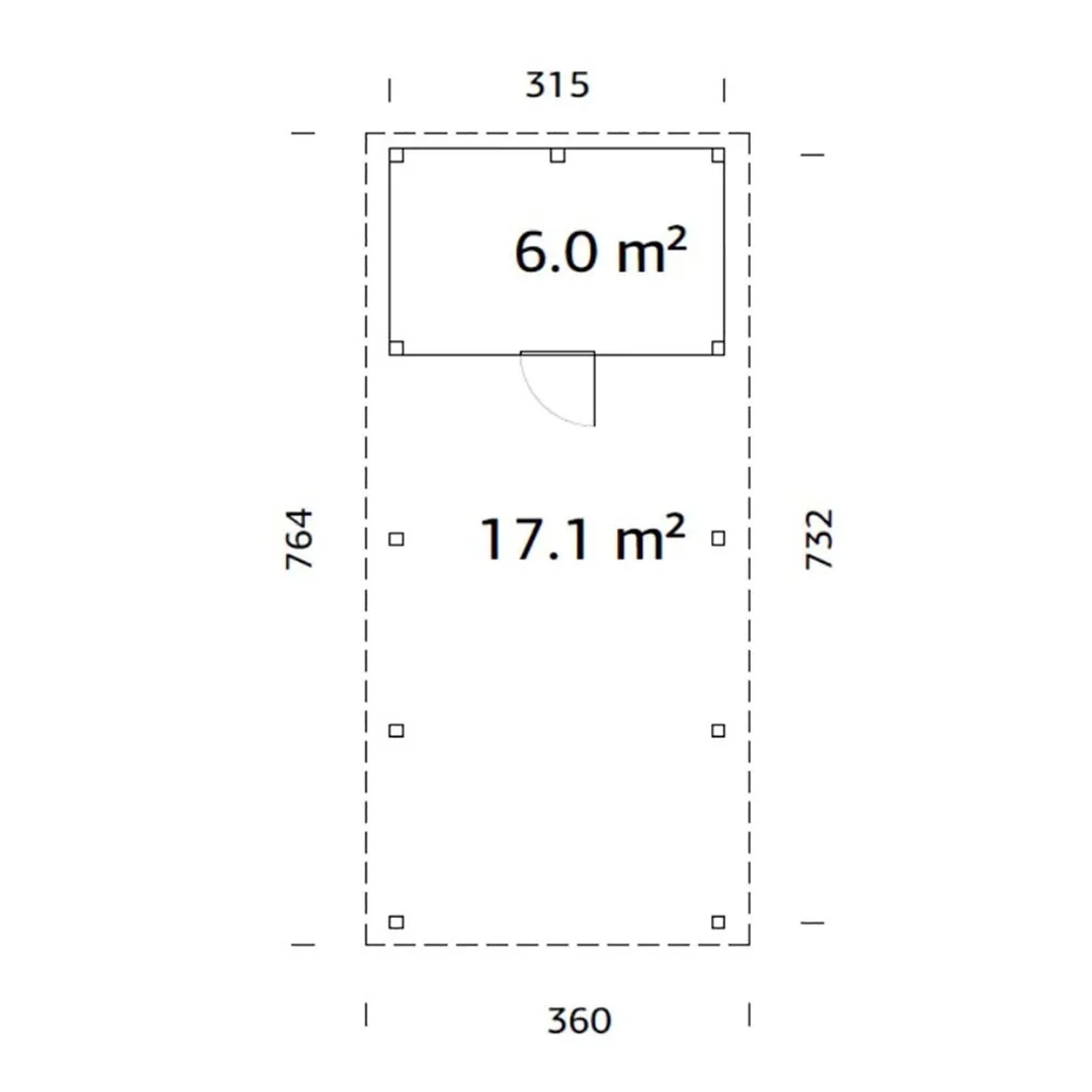 Grundriss Palmako Carport Karl mit Geräteraum, Maße 315x732 cm, naturbelassen.