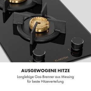 Klarstein Domino Gaskochfeld, schwarz, mit 2 Messing-Brennern auf Glaskeramik. Intuitive Drehknöpfe.