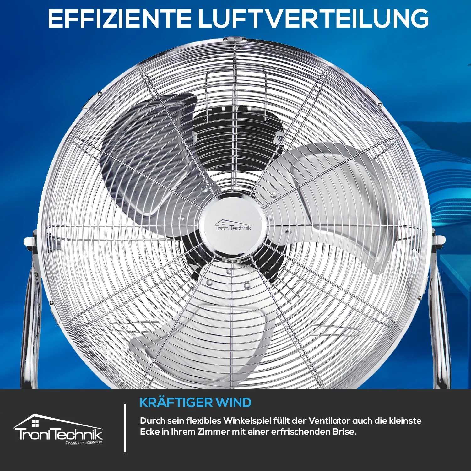 TroniTechnik Bodenventilator Windmaschine, ⌀45cm, drei Geschwindigkeitsstufen, silberfarben.