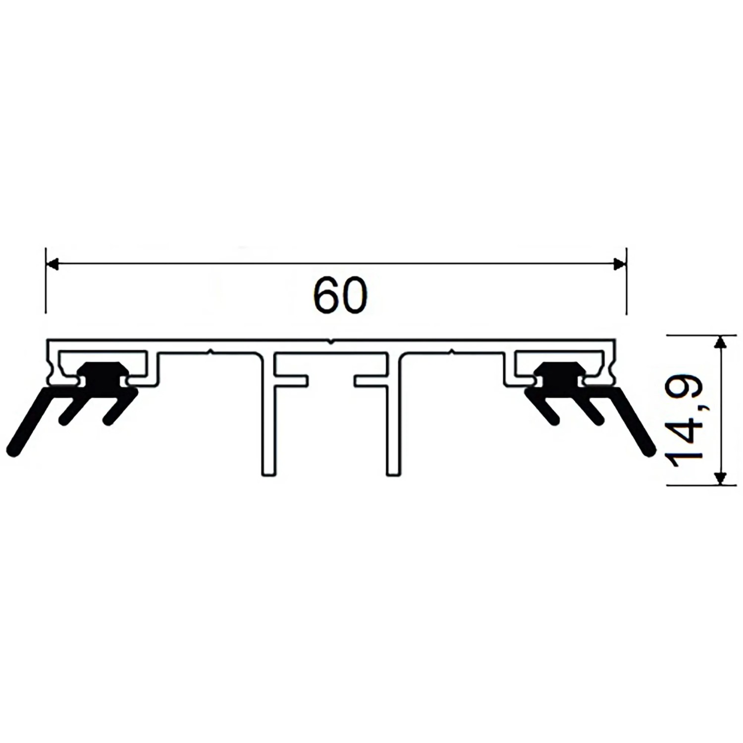 Technische Zeichnung: T&J Universalsystem 60-Uni-Mittelprofil mit Dichtung, Aluminium, 6000 mm.