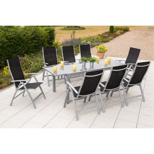Merxx Gartenmöbel-Set Carrara, 9-teilig, mit Tisch (160/220x90cm) und 8 Klappsesseln mit Textilbezug.