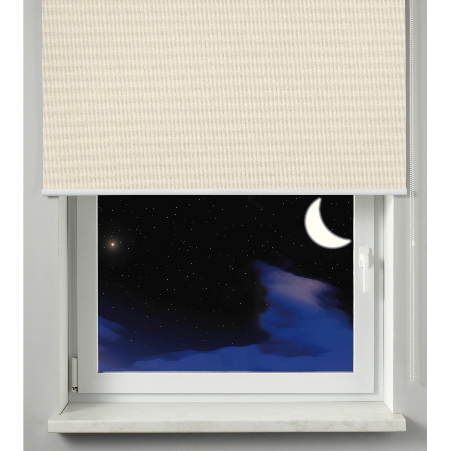 Gardinia Verdunkelungsrollo Thermo, creme, 62x180cm, am Fenster mit Nacht-Szene