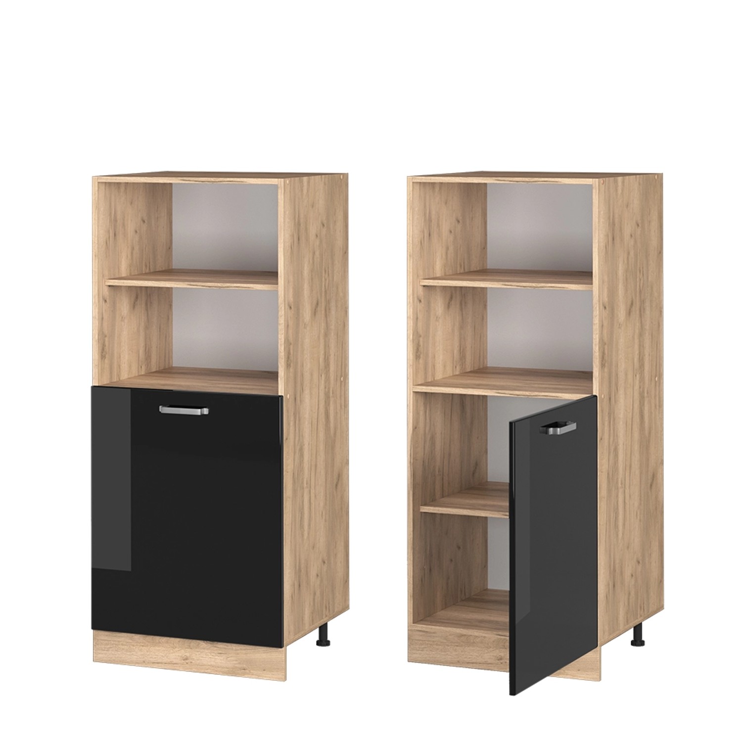 Vicco Herdumbauschrank R-Line, schwarz hochglanz/Goldkraft Eiche, 60 cm, mit offenen Fächern und Tür.