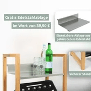 Holz Getränkekistenregal mit Edelstahlablage und zwei Kisten. Praktisches Regal für Getränkekisten.