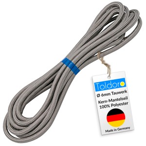 Graues Toldoro Tauwerk, 6mm Durchmesser, 20m Länge. Polyester Seil für Sonnensegel und Flaggen.