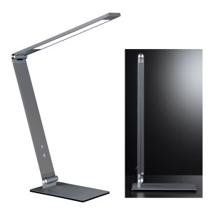 Graue LED-Tischleuchte Geri von Fischer & Honsel, dimmbar, modernes Design für Schreibtisch & Büro.