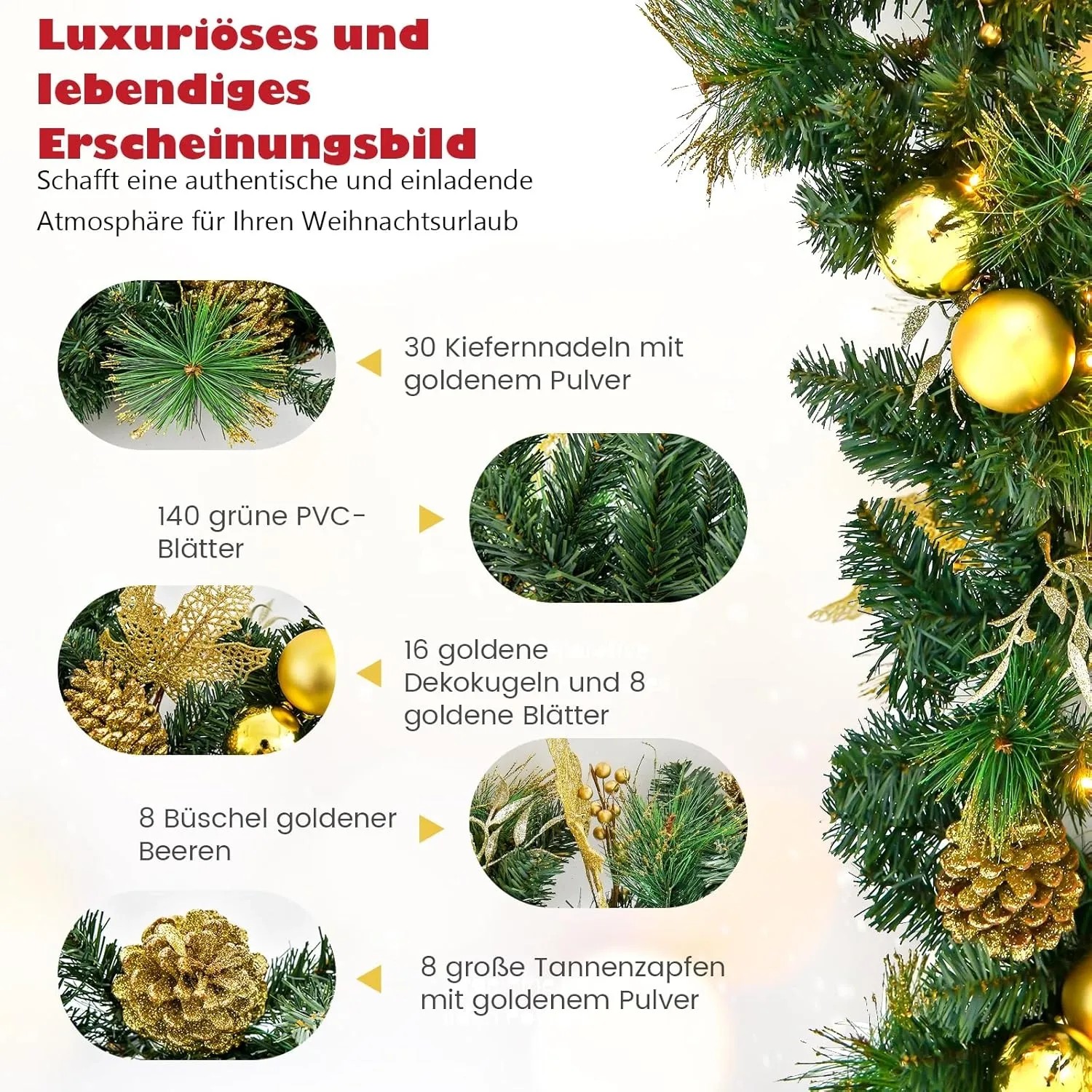 Weihnachtsgirlande mit goldenen Kugeln und 50 warmweißen LEDs, 270 cm lang.