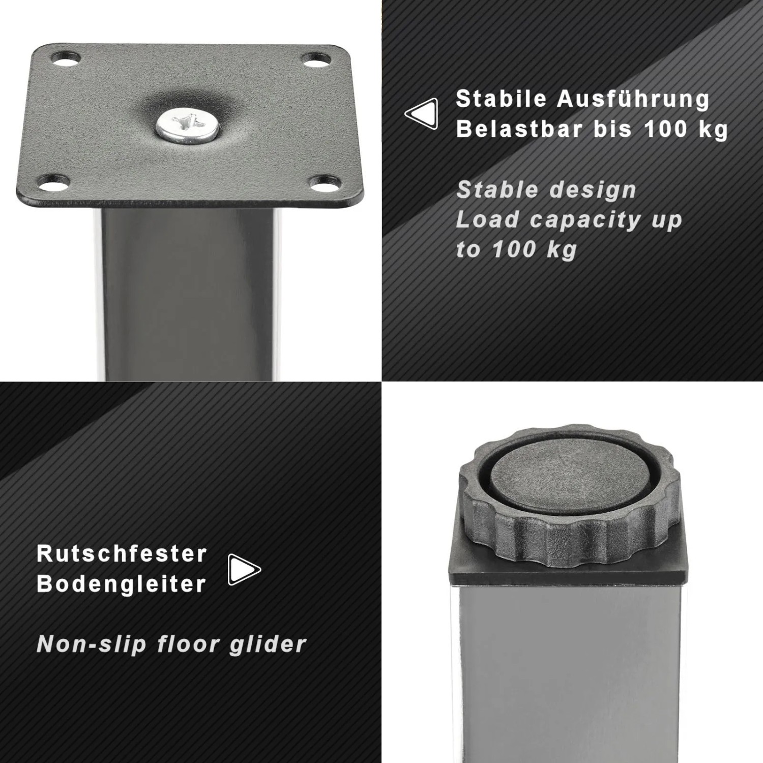 SOTECH Möbelfuß ZULU aus Metall: Montageplatte, rutschfester Bodengleiter, höhenverstellbar, 100 kg Tragkraft.