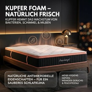 Arensberger Taschenfederkern Matratze 90x200cm mit Kupfer Foam. Weiß, schwarz, Kupferakzente. Antimikrobiell für Hygiene.