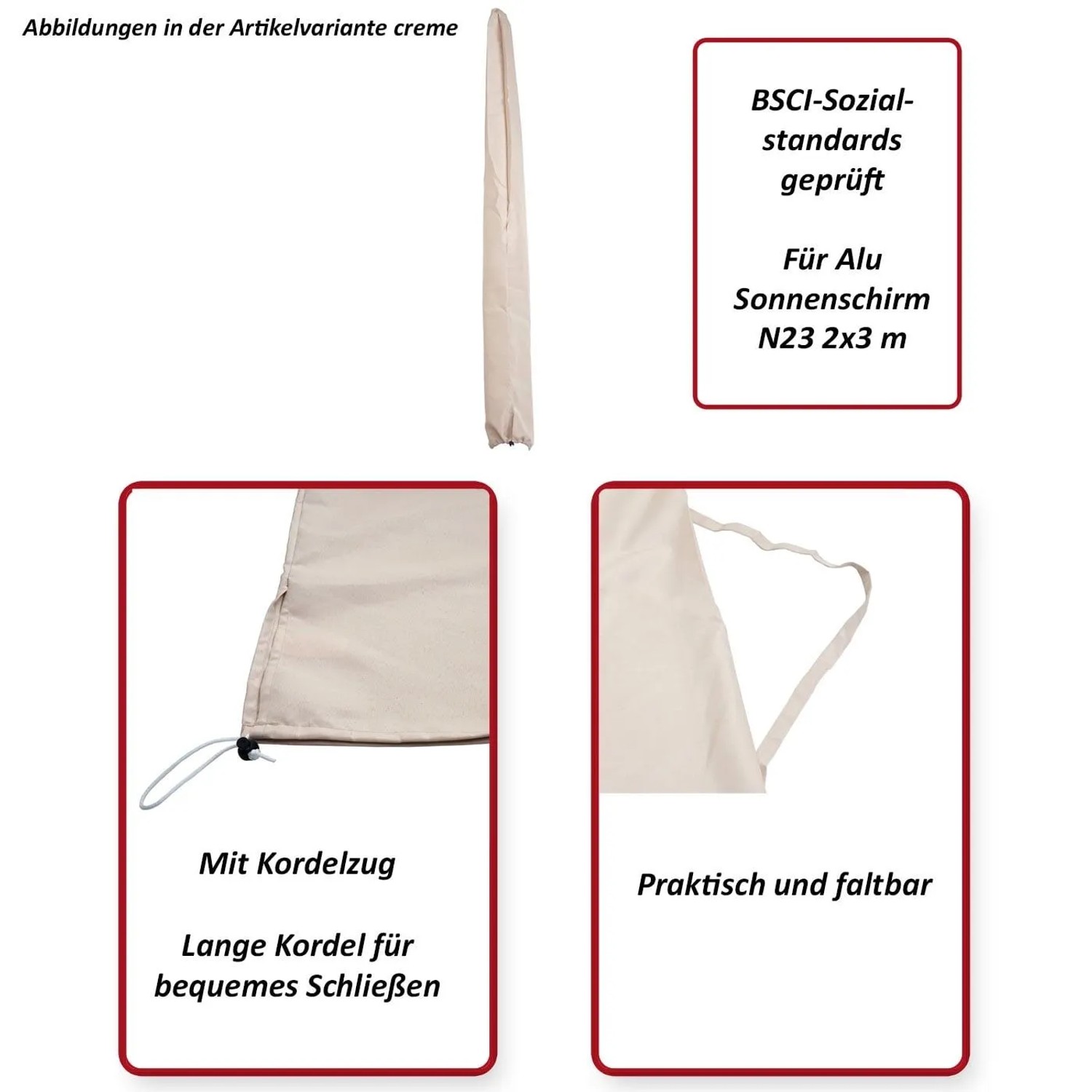 Cremefarbene Schutzhülle für Sonnenschirm, mit Kordelzug und langer Kordel, faltbar, aus Polyester.