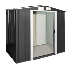 Duramax Metallgerätehaus Eco 6x4 in Anthrazit/Weiß mit geöffneter Schiebetür.