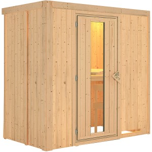 Karibu Sauna Vera Natur: Massivholzsauna mit klarer Glastür und hellem Holz.