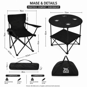 BigDean Camping Set 2x Campingstühle & 1x Campingtisch Campingstuhl mit Tisch Set Klappbar Camping Tisch Stuhl Set Campingstuhl Faltbar Angelstuhl