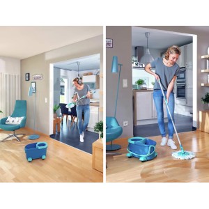 Leifheit CLEAN TWIST Disc Ergo Wischmopp Set mit Rollen und Eimer im Einsatz.