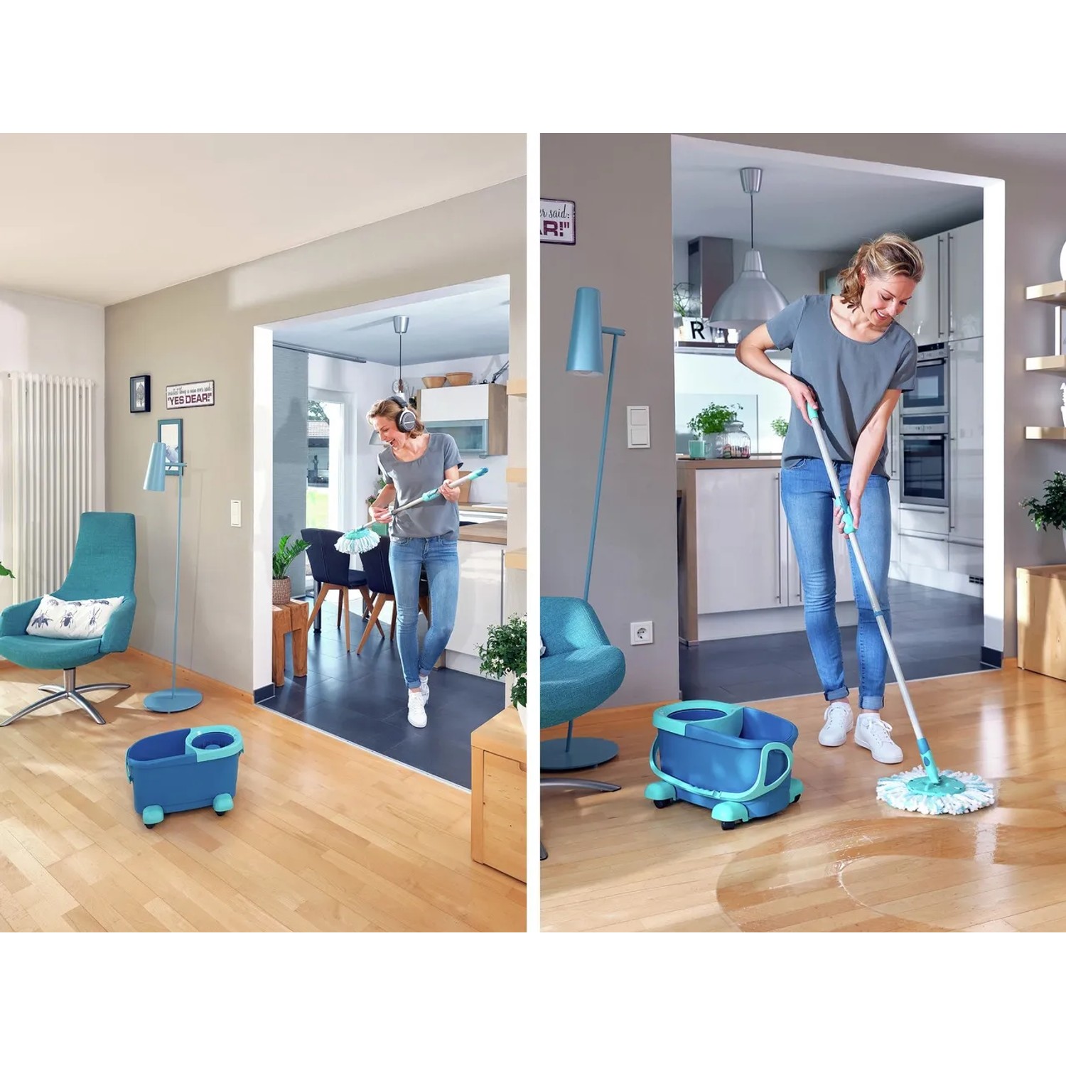 Leifheit CLEAN TWIST Disc Ergo Wischmopp Set mit Rollen und Eimer im Einsatz.