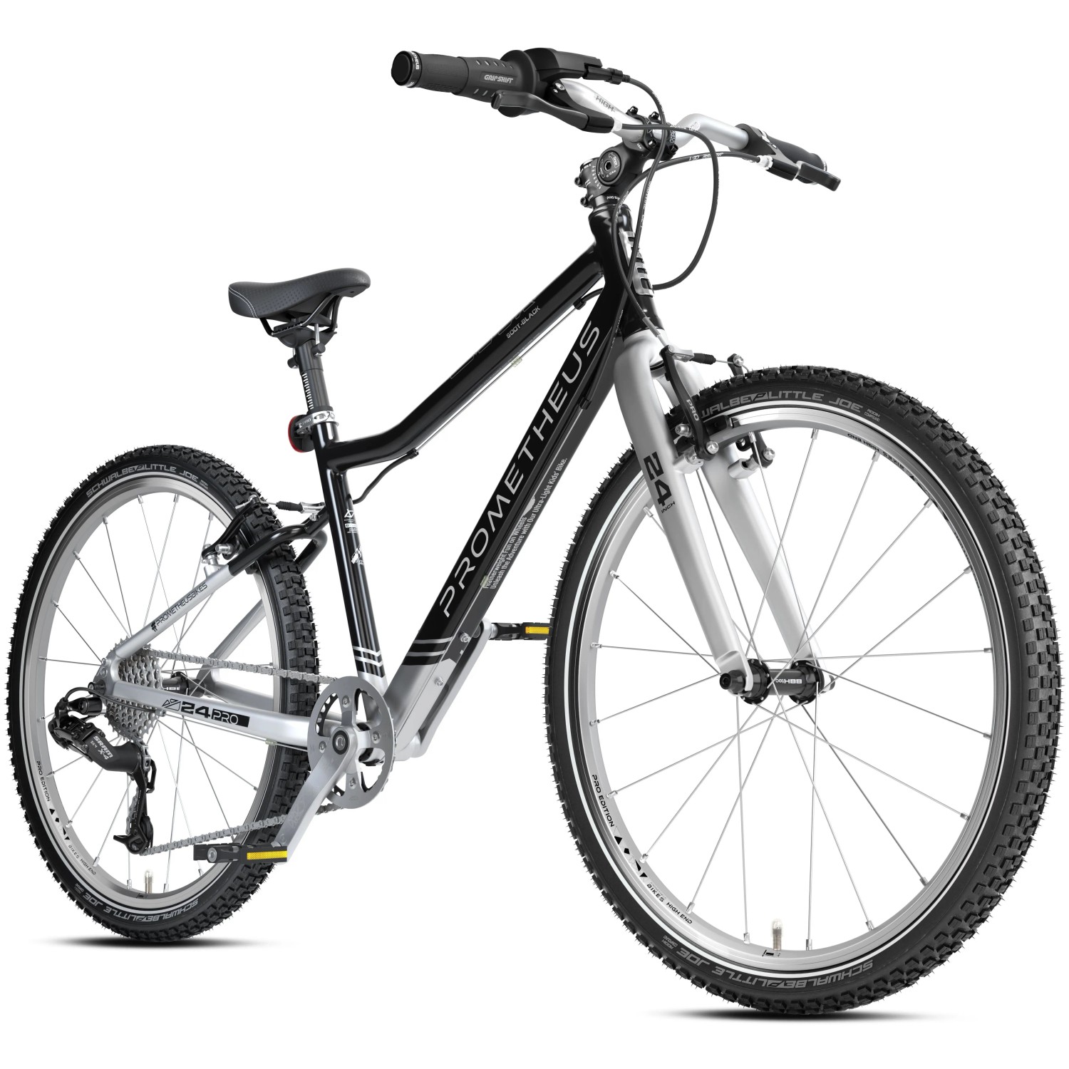 PROMETHEUS BIKES Kinderfahrrad 24 Zoll PRO ab 7 Jahren Ultraleicht 8-Gang SRAM Schaltung Premium Schwarz Silber