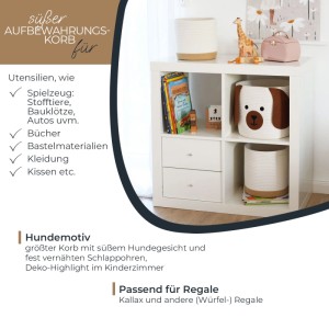 HMF 39022-HUN Aufbewahrungskorb Versteckten Griffen 3er Set Korb Kinderzimmer Baumwolle Hund Großtel Klein