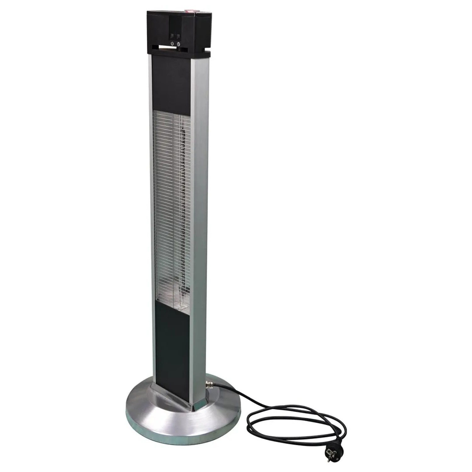 Freistehender, schwarzer Terrassen-Heizstrahler Infrae 2000 W aus Aluminium mit Standfuß.