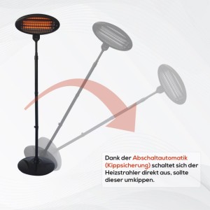 TroniTechnik Quarz-Heizstrahler mit Teleskopstange und 3 Heizstufen, zeigt Kippfunktion.